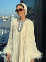 Abaya Women Dress Muslim Pleated Feather Dubai Vestidos Largos Long Dresses Kaftan Arab Robe Party Caftan Jalabiya Ramadan