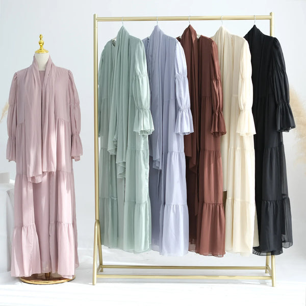 Chiffon Sheer Open Abaya Set Hijabi Muslim Women Party Ramadan Islamic Clothing  Dubai Turkey Kaftan Crepe Kimono Open Abayas