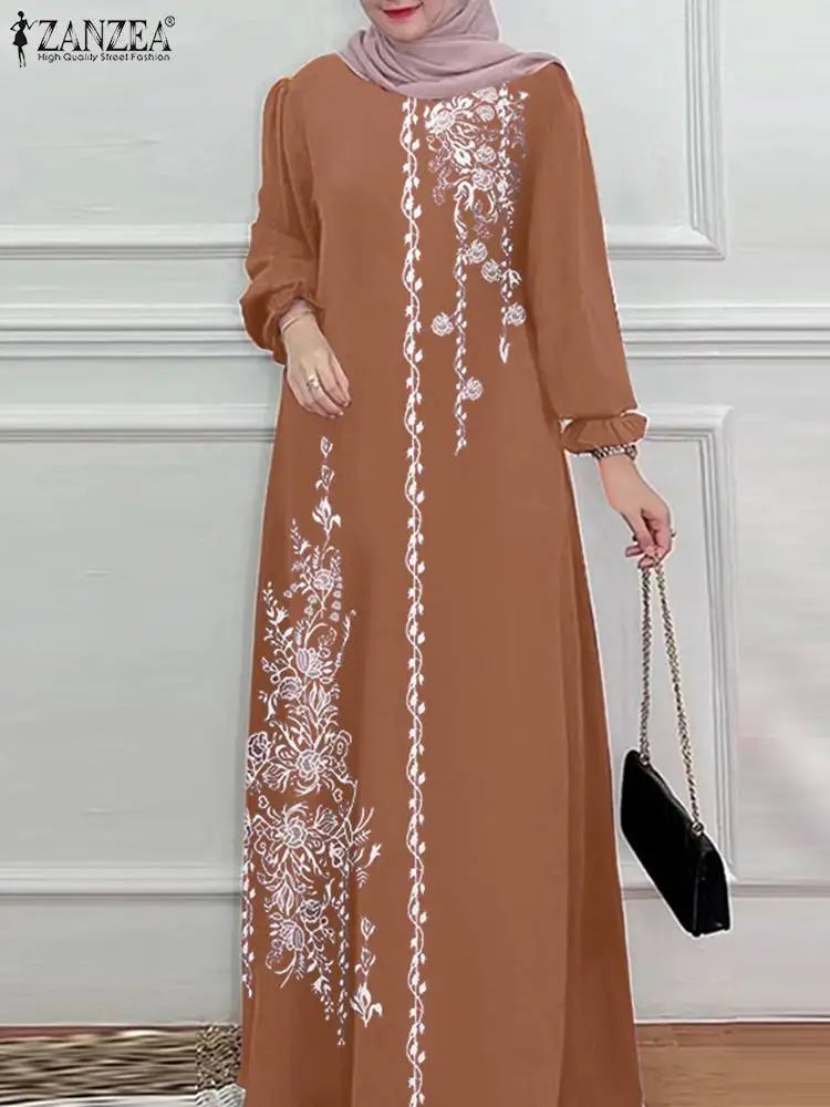 Women Stylish Floral Printed Maxi Dress Muslim Abaya ZANZEA Eid Mubarak Robe Elegant Long Sleeve Casual Vestidos Kaftan IsIamic