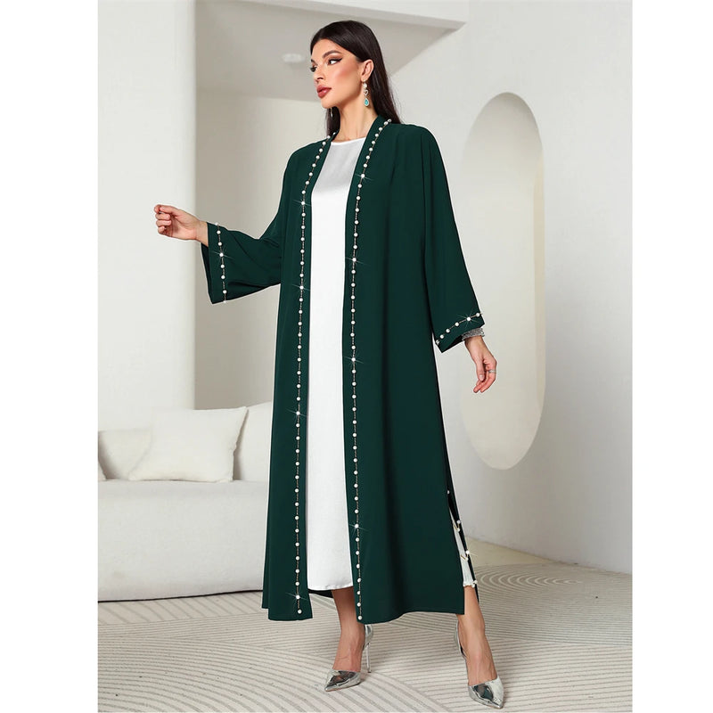 Eid Mubarak Djellaba Femme Longue Musulmane Open Abaya Dubai Turkey Kaftan Muslim Women Beaded Maxi Dress Kimono Jalabiya Robe
