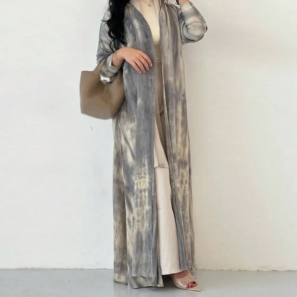 Middle Eastern Women Loose Tie Dye Abaya Muslim Full Sleeve Open Front Abayas Casual Turkey Kaftan Arabian Maxi Dresses Jilbabs