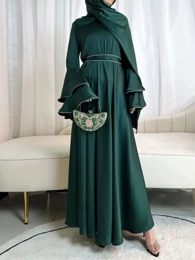 Flare Sleeve Dress for Women Abaya Muslim Women 3 Piece Set Dresses Sashes Scarf Vestidos Jalabiya Arab Robe Ramadan 2025
