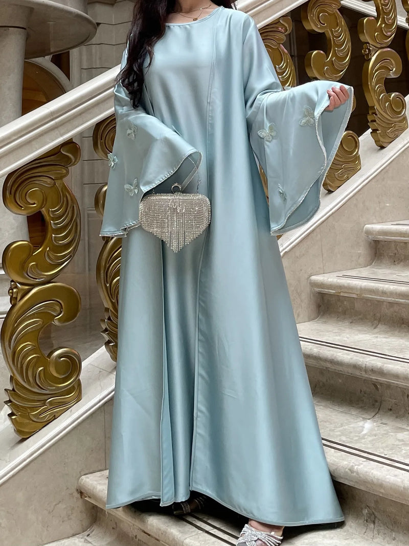 Muslim Women Abaya Dress 2 Piece Set Butterfly Satin Lace-up Morocco Caftan Inner Dress Musulman Ensembles Cadigan Outfit Suits