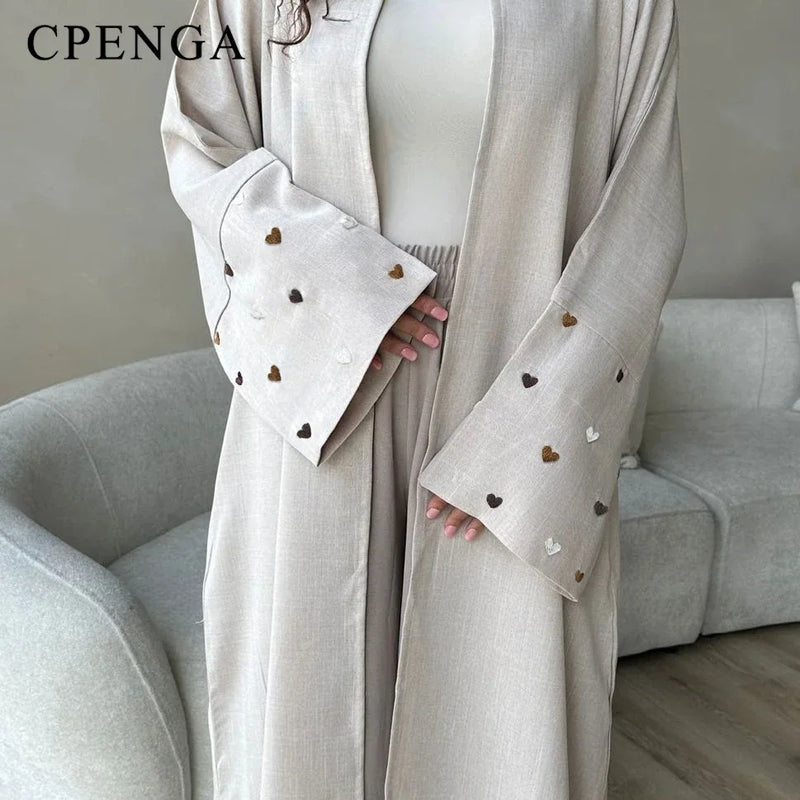 Saudi Heart Embroidery Open Abaya for Women Dubai 2024 New Plain Kimono Muslim Türkiye Elegant Cardigan Gown Islam Clothing