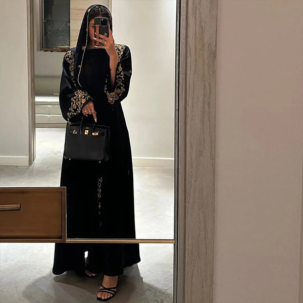 Luxury Ramadan Black Abaya 2025 Open Abaya Eid Gold Embroidery Design Long Sleeve Dubai Abaya Women Muslim Dress