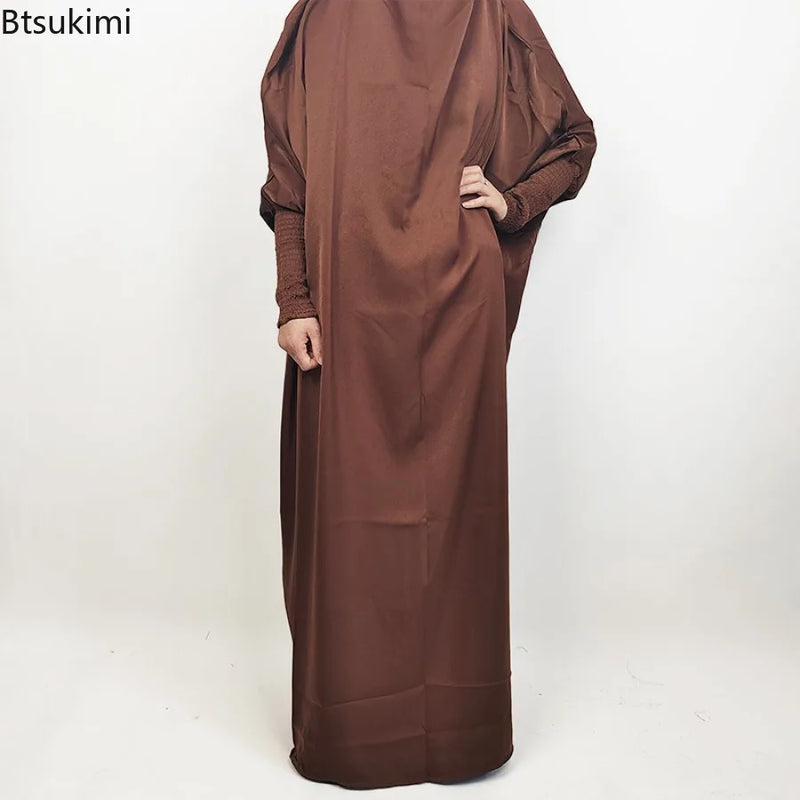 Muslim Fashion Abaya for Women Solid Satin One-piece Prayer Dress with Headscarf Saudi Arab Islamic Clothing Modesty Kaftan Robe