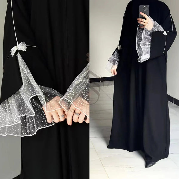 Luxury Muslim Open Abaya Women Lace Sleeve Elegant Nida Black Abayas Dubai Modest Dress Morocco Kaftan Cardigan Summer Long Robe