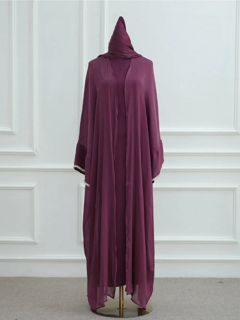 Abaya Scarf Dress 3 Piece Set for Women Cardigan Ramadan Beading Sleeve Dubai Jalabiya Kaftan Vestidos Arab Robe 2025