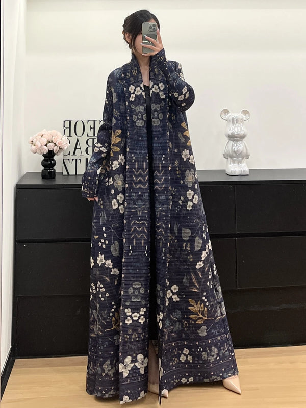 Miyake Pleated Abaya Trench Cardigans Printed Long Sleeve Turn-down Collar Dress Women 2025 Original Designer Caftan Long Coats