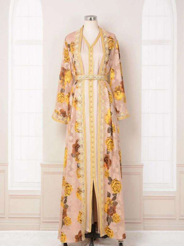 Fashion Embroidery Dubai Evening Dress Printed Cardigan Two-piece Set Kaftan Prom V Neck A Line Plus Size Party Robe Customized