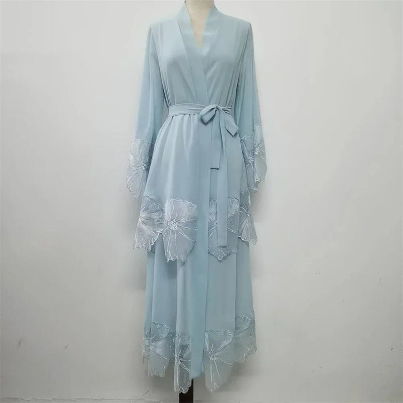 Muslim Women Embroidery Maxi Dress Eid Ramadan Kimono Cardigan Flower Abaya Dubai Turkey Kaftan Islamic Clothing Arab Robe Gown