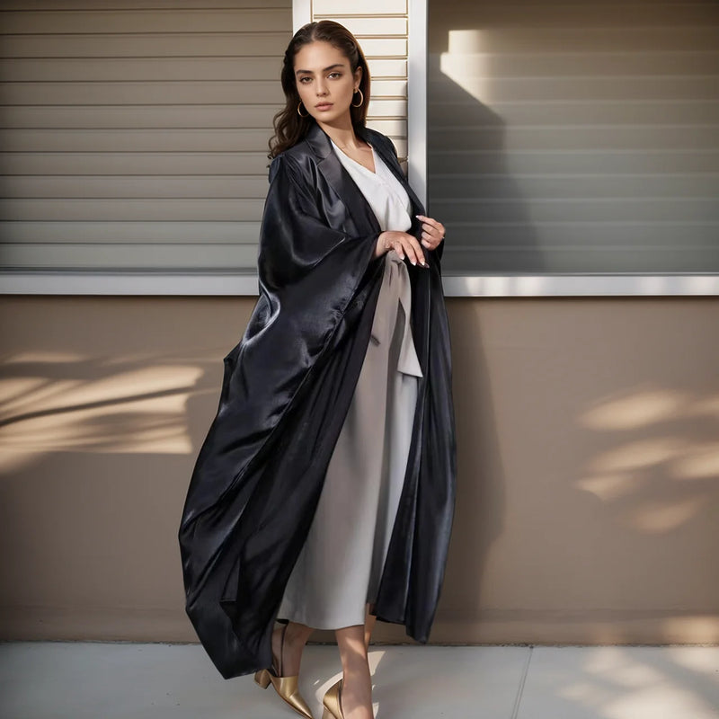 Hot sale Summer Women Islamic Clothing Shinny Polyester Thin Fabric Puff Sleeves Dubai Open Abaya for Muslim Women