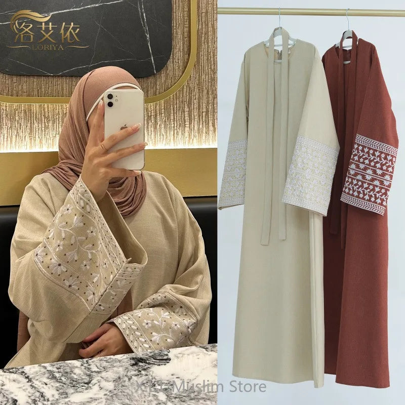 Abaya Simple Embroidery Outwear Eid Ramadan Dress Abayas Muslim Dresses Kaftan Dubai Women Prayer Robe Clothes Women With Belt
