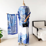 NEW Fashion Summer Dress With Big Scarf Dubai Turkey Kaftan Muslim Loose Abaya Women African Casual Maxi Peacock Shawl Robe