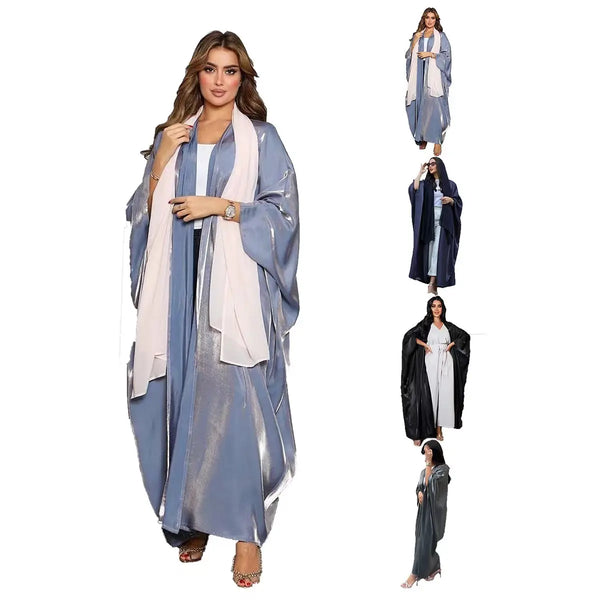 Hot sale Summer Women Islamic Clothing Shinny Polyester Thin Fabric Puff Sleeves Dubai Open Abaya for Muslim Women