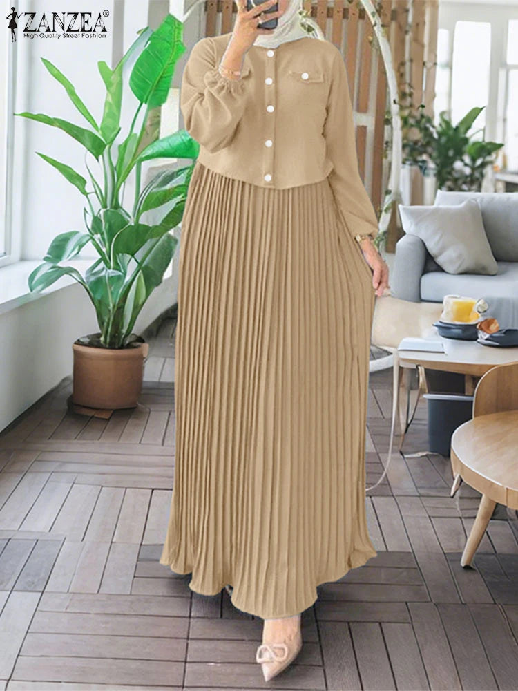2025 ZANZEA Autumn Maxi Long Dress Women Elegant Long Sleeve Solid Pleated Sundress Patchwork Dresses Muslim Abaya Robe Femme