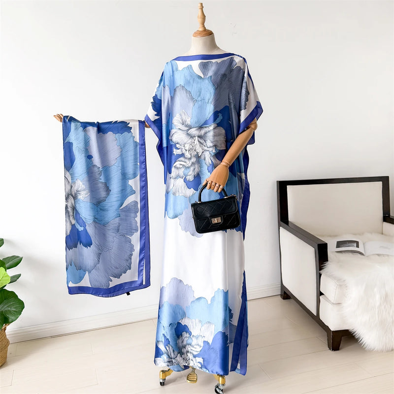 NEW Fashion Summer Dress With Big Scarf Dubai Turkey Kaftan Muslim Loose Abaya Women African Casual Maxi Peacock Shawl Robe