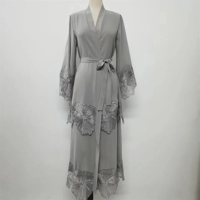 Muslim Women Embroidery Maxi Dress Eid Ramadan Kimono Cardigan Flower Abaya Dubai Turkey Kaftan Islamic Clothing Arab Robe Gown