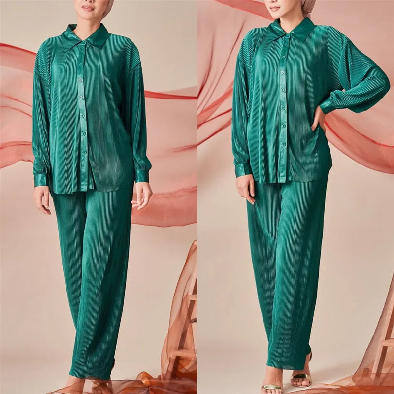 Malaysia Plain Muslim Women Long Sleeve Tops Blouse Pants Islam Abaya Dubai Ramadan Arab Clothes 2 Piece Set Modest Kaftan Suit