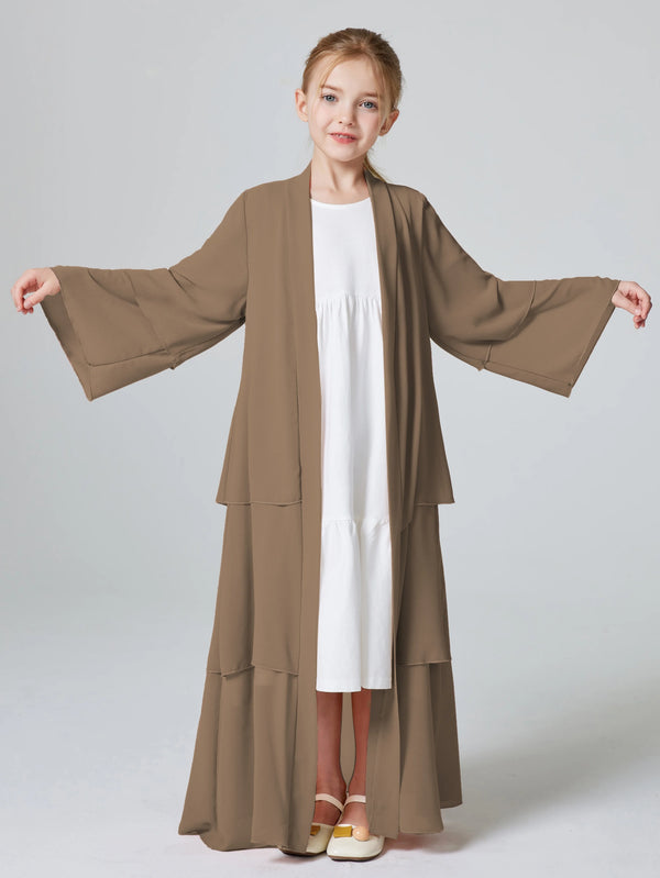 Kebaya Muslim Girls Abaya 3 Layered Chiffon Kids Abaya Dress Open Front   Outerwear (Without Hijab)