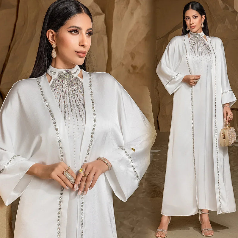White Two Piece Set Muslim Women Kimono Abaya Dubai Kaftan Arab Robe Fashion Diamond Dress Evening Morocco Caftan Eid Ramadan