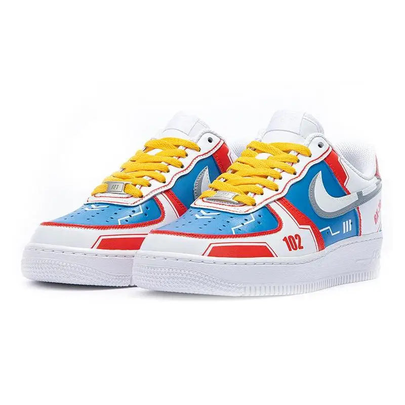 Custom Men's mechanical style white, red and blue Nike Air Force 1 07 Coverage Warm Low-Top Skateboard Shoes Men's Red White