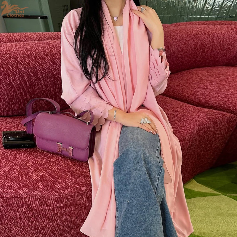 Dubai Pink Chiffon Open Abaya with Hijab included Loose Sleeve Muslim Cardigan Moroccan Caftan for Women