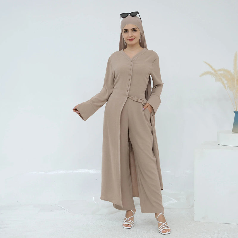 New Muslim Sets for Women Button Long Tops Pants 2 Piece Suit Dress Turkey Kaftan Dubai Abaya Eid Ramadan Islam Clothing Outfits