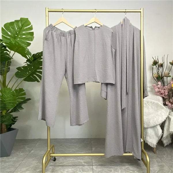 3 Piece Set Eid Muslim Dress Women Open Abaya Kaftan Dubai Kaftan Tops Pants Turkey Islam Kimono Robe Femme Musulmane Ensembles