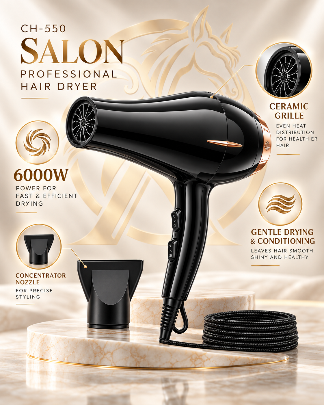 CH-550 Salon Professional Hair Dryer features
