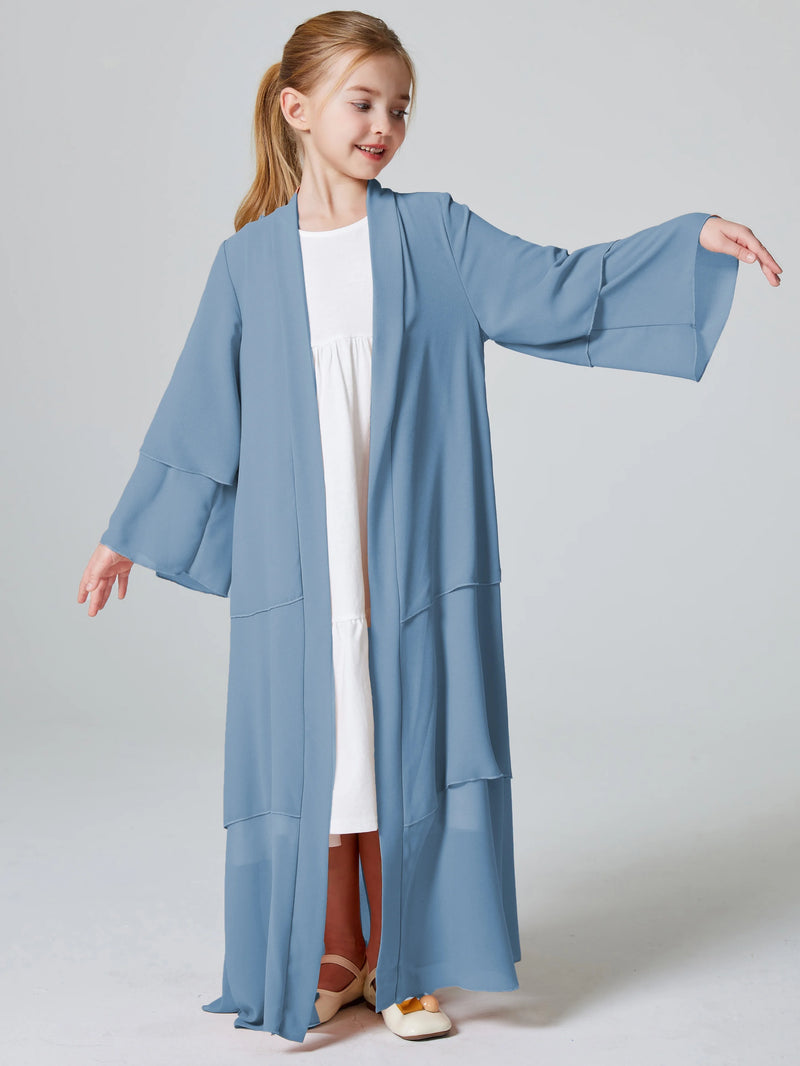 Kebaya Muslim Girls Abaya 3 Layered Chiffon Kids Abaya Dress Open Front   Outerwear (Without Hijab)