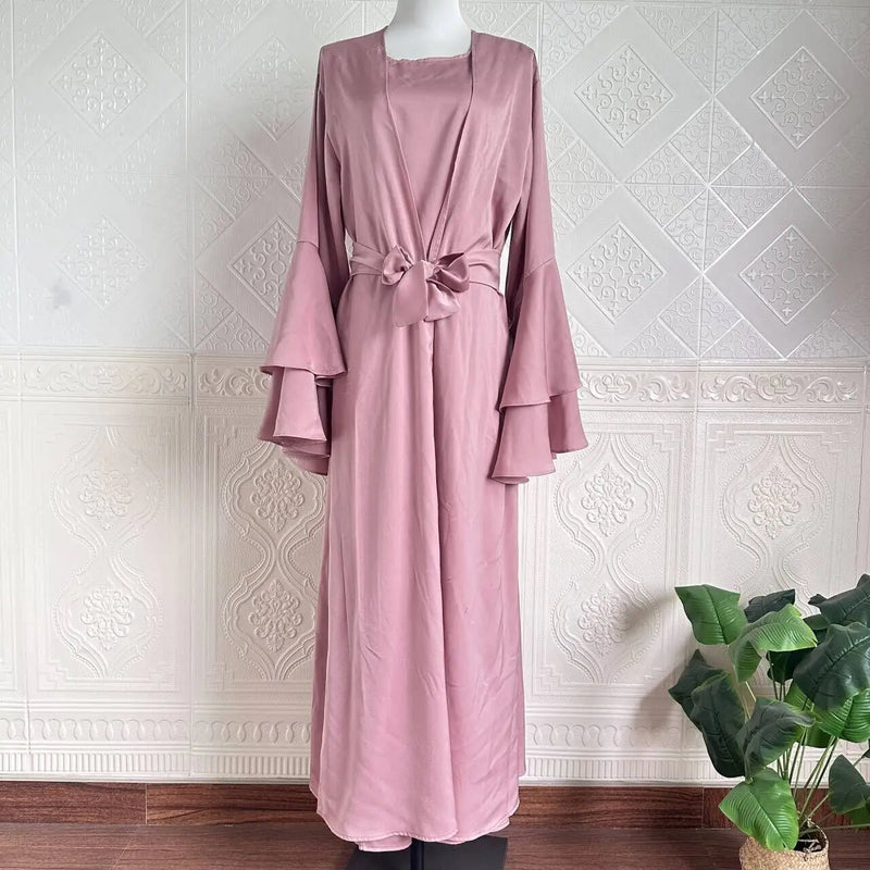 Muslim Abaya For Women Eid Dress 2 Piece Set Morocco Ramadan Satin Lace-up Abayas Kaftan Islam Cardigan Dubai Arab Long Robe