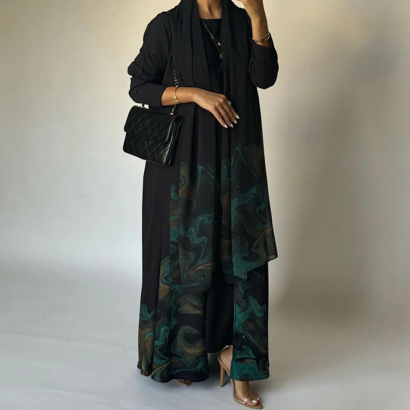 Middle Eastern Loose Open Front Abaya Muslim Full Sleeve Printed Abayas Turkey Kaftans Women Jilbabs Islamic Maxi Dresses