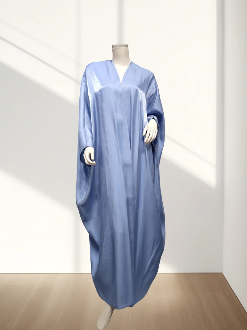 Hot sale Summer Women Islamic Clothing Shinny Polyester Thin Fabric Puff Sleeves Dubai Open Abaya for Muslim Women