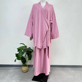 Eid Muslim Women Two Piece Set Kaftan Islam Lace Up Tops Skirt Suits Morocco Ensembles Abaya Turkey Ramadan Modest Outfits