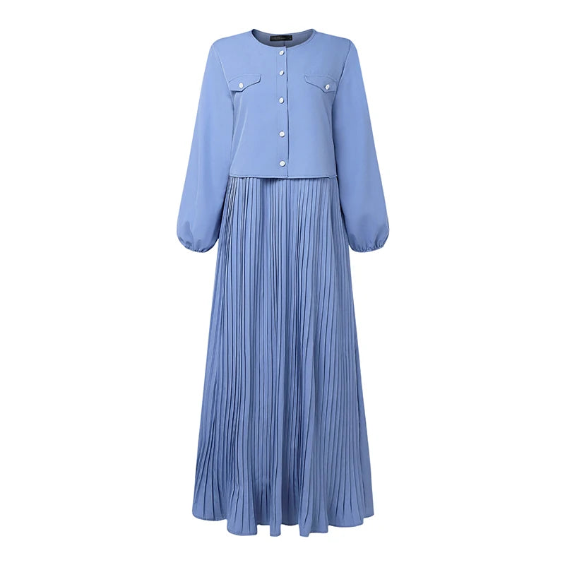 2025 ZANZEA Autumn Maxi Long Dress Women Elegant Long Sleeve Solid Pleated Sundress Patchwork Dresses Muslim Abaya Robe Femme