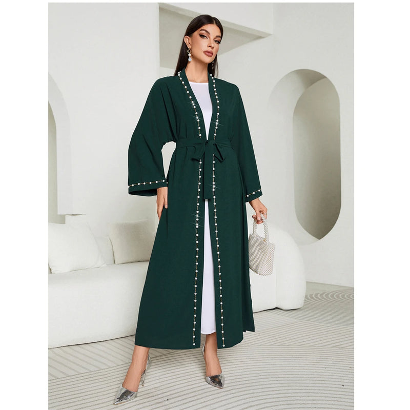Eid Mubarak Djellaba Femme Longue Musulmane Open Abaya Dubai Turkey Kaftan Muslim Women Beaded Maxi Dress Kimono Jalabiya Robe