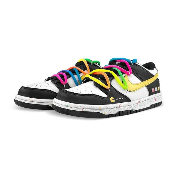 [Custom Rainbow Pac-Man S-BOX]Nike Dunk Anti-Slip Wear-Resistant Low-Top Skateboard Shoes GS Black White Yellow