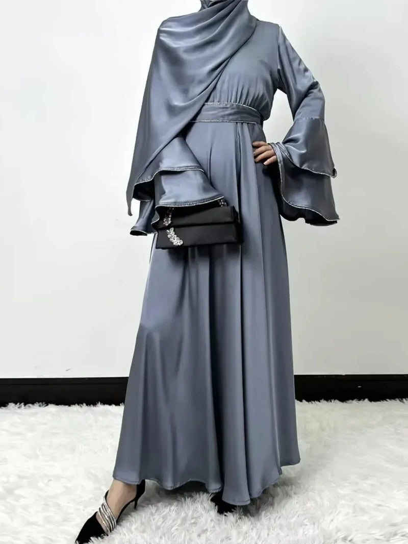 Flare Sleeve Dress for Women Abaya Muslim Women 3 Piece Set Dresses Sashes Scarf Vestidos Jalabiya Arab Robe Ramadan 2025