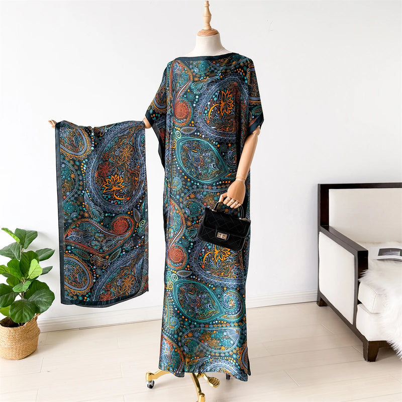 NEW Fashion Summer Dress With Big Scarf Dubai Turkey Kaftan Muslim Loose Abaya Women African Casual Maxi Peacock Shawl Robe