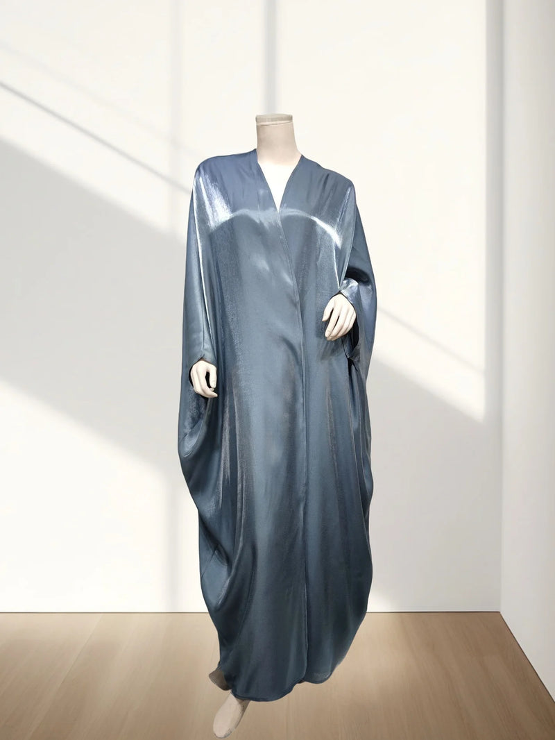 Hot sale Summer Women Islamic Clothing Shinny Polyester Thin Fabric Puff Sleeves Dubai Open Abaya for Muslim Women