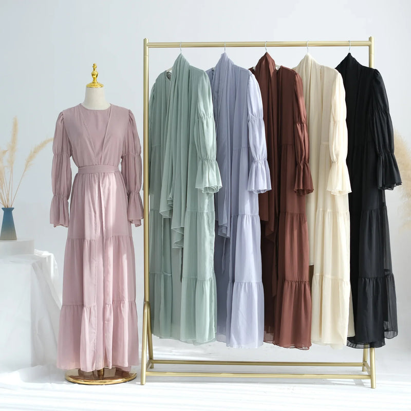 Chiffon Sheer Open Abaya Set Hijabi Muslim Women Party Ramadan Islamic Clothing  Dubai Turkey Kaftan Crepe Kimono Open Abayas