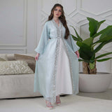 Eid Mubarak Djellaba Kimono Cardigan Dubai Satin Dress Kebaya Robe Diamond 3 Piece Set Women Muslim Abaya Kaftan Jalabiya Abayas