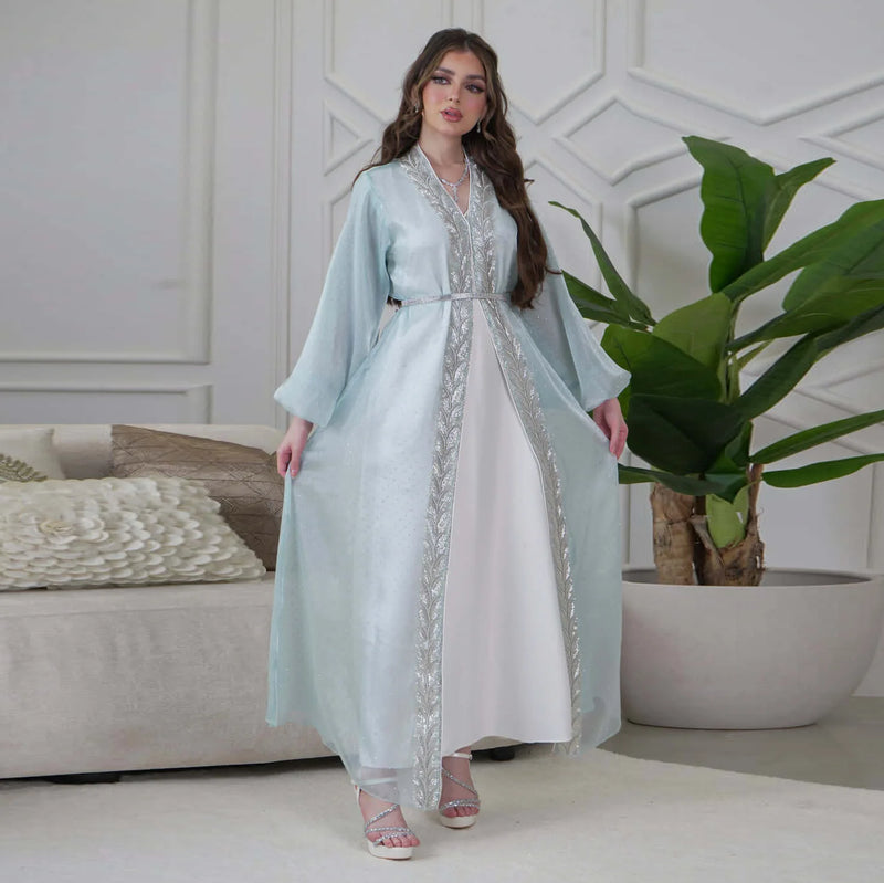 Eid Mubarak Djellaba Kimono Cardigan Dubai Satin Dress Kebaya Robe Diamond 3 Piece Set Women Muslim Abaya Kaftan Jalabiya Abayas