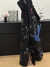 Miyake Pleated Abaya Trench Cardigans Printed Long Sleeve Turn-down Collar Dress Women 2025 Original Designer Caftan Long Coats