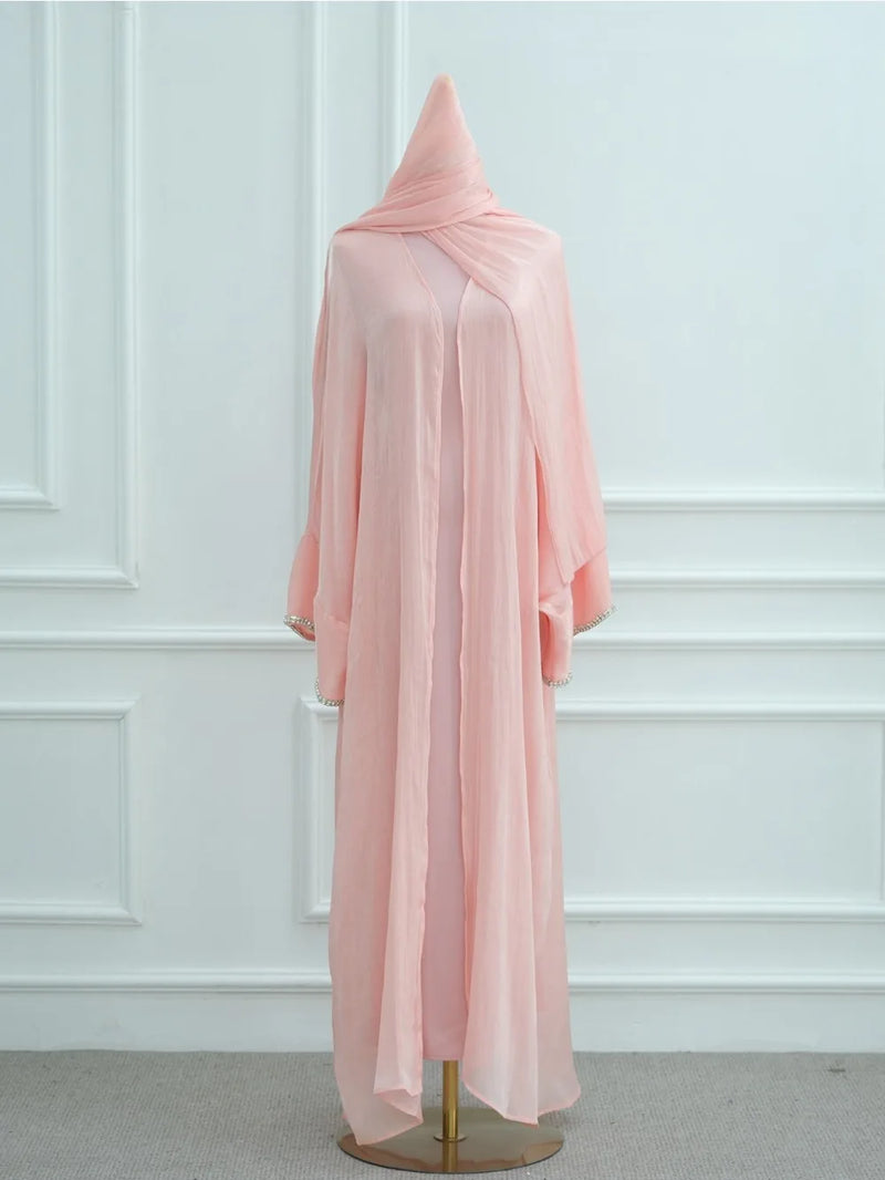 Abaya Scarf Dress 3 Piece Set for Women Cardigan Ramadan Beading Sleeve Dubai Jalabiya Kaftan Vestidos Arab Robe 2025