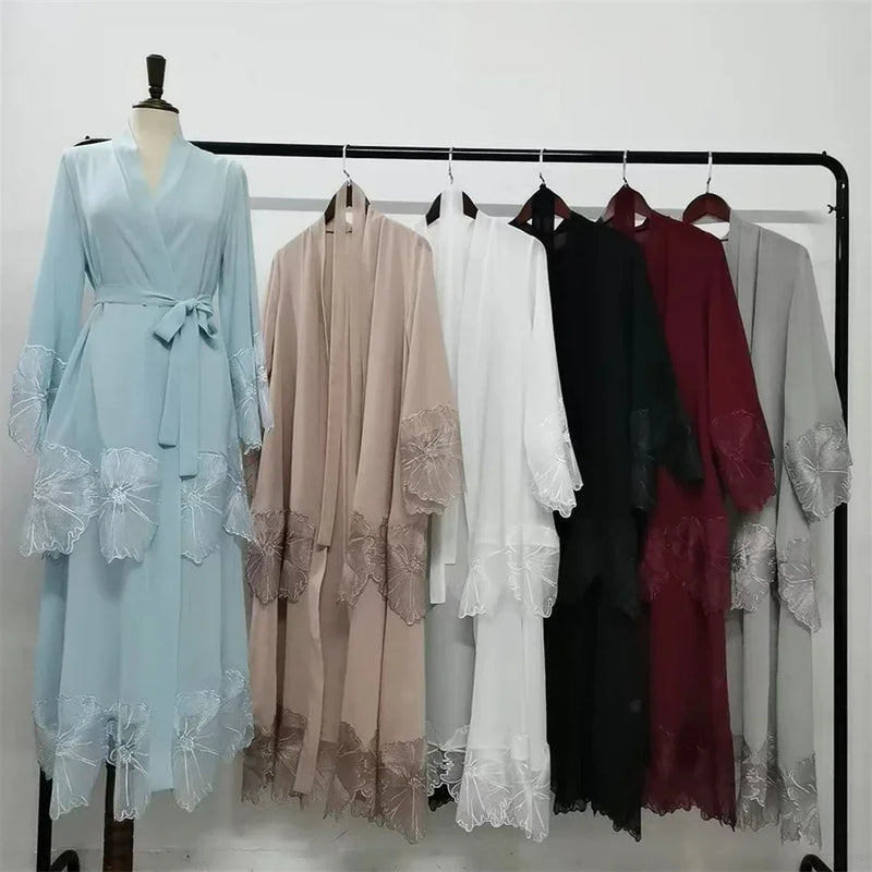 Muslim Women Embroidery Maxi Dress Eid Ramadan Kimono Cardigan Flower Abaya Dubai Turkey Kaftan Islamic Clothing Arab Robe Gown