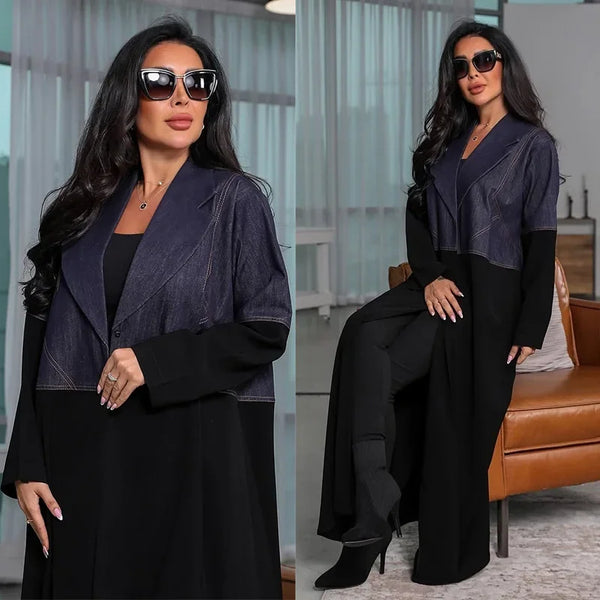 Robe Denim Splicing Jacket Dubai Fashion Women's Muslim Middle East Abaya Jacket Robe Abaya Coat