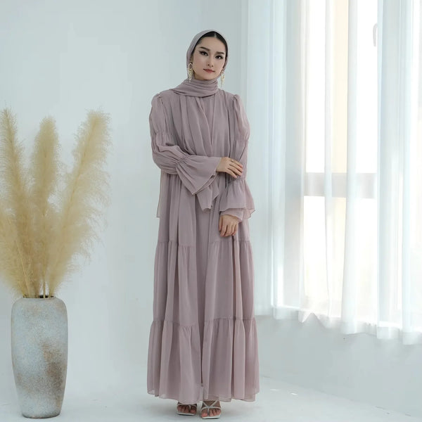 Chiffon Sheer Open Abaya Set Hijabi Muslim Women Party Ramadan Islamic Clothing  Dubai Turkey Kaftan Crepe Kimono Open Abayas