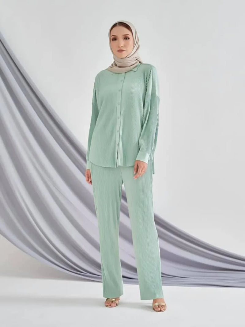 Malaysia Plain Muslim Women Long Sleeve Tops Blouse Pants Islam Abaya Dubai Ramadan Arab Clothes 2 Piece Set Modest Kaftan Suit